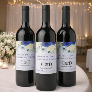 Navy Royal Bue Wedding Watercolor Ivory Flowers Wine Label