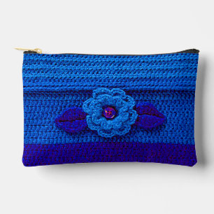 Navy Royal Deep Blue Flower Artisan Crochet Print Accessory Pouch