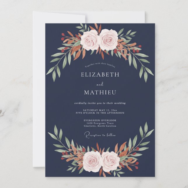 Navy Rust Blossom Wedding Invitation (Front)