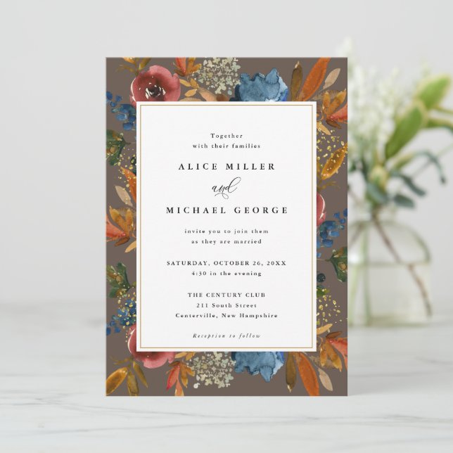 Navy & Rust Boho Floral, Brown Wedding Invitation (Standing Front)