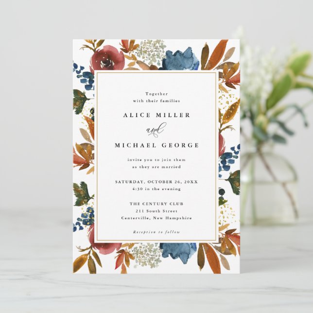 Navy & Rust Boho Floral, White Wedding Invitation (Standing Front)