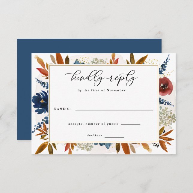 Navy & Rust Boho Flowers Gold Frame Wedding RSVP Card (Front/Back)