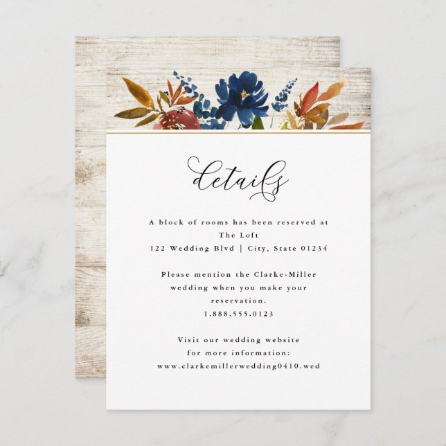 Navy & Rust Boho Flowers Light Wood Wedding Detail Enclosure Card (Front/Back)