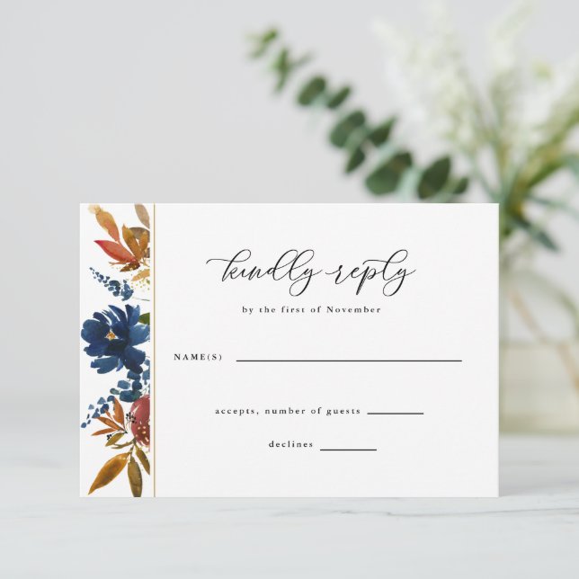 Navy & Rust Boho Flowers White Wedding RSVP Card (Standing Front)