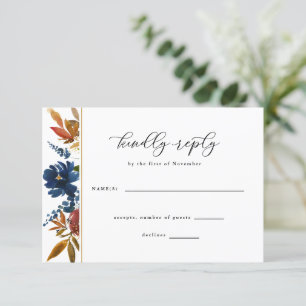 Navy & Rust Boho Flowers White Wedding RSVP Card