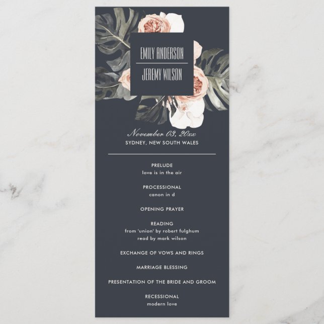 NAVY RUST MONSTERA FLORAL WEDDING CEREMONY PROGRAM MENU (Front)
