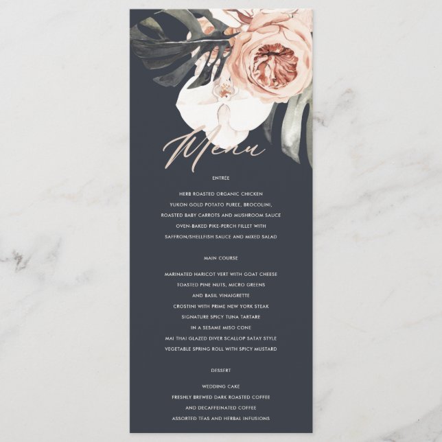 NAVY RUST MONSTRERA FLORAL WATERCOLOR WEDDING MENU (Front)