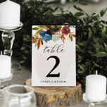 Navy & Rust Watercolor Boho Floral Personalised Ta Table Number<br><div class="desc">This beautiful floral table number card features watercolor flowers and your custom text on both sides of the card. Use the template to fill in your information. The "Customise further" feature can be used to change the font (size,  style,  colour),  add more lines of text or change the layout.</div>