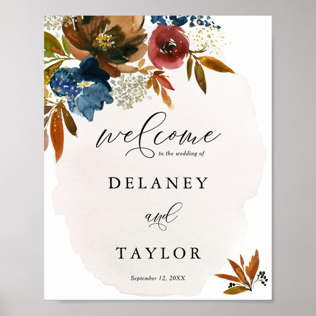 Navy Rust Watercolor Boho Floral Wedding Welcome Poster (Front)