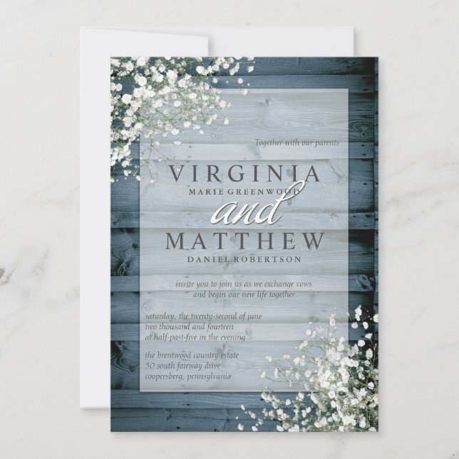 NAVY RUSTIC BABY'S BREATH WEDDING INVITATION (Front)