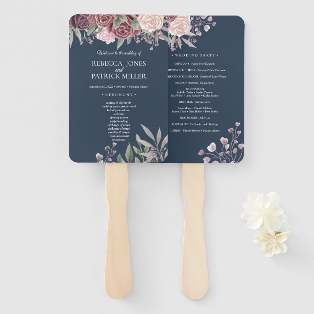 Navy Rustic Boho Dusty Rose Flowers Hand Fan (Front and Back)