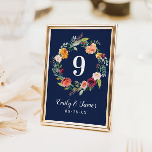 Navy Rustic Burgundy Fall Floral Wedding Monogram Table Number