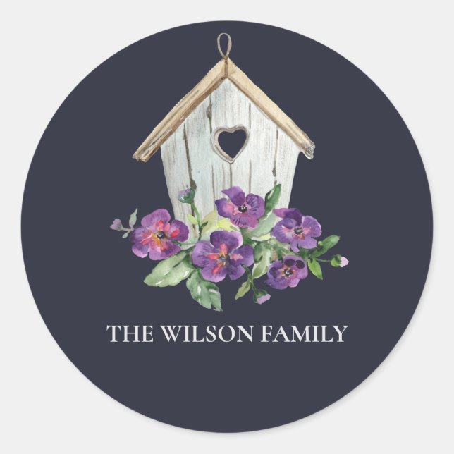 NAVY RUSTIC COUNTRY VIOLET  FLORAL BIRD HOUSE CLASSIC ROUND STICKER (Front)