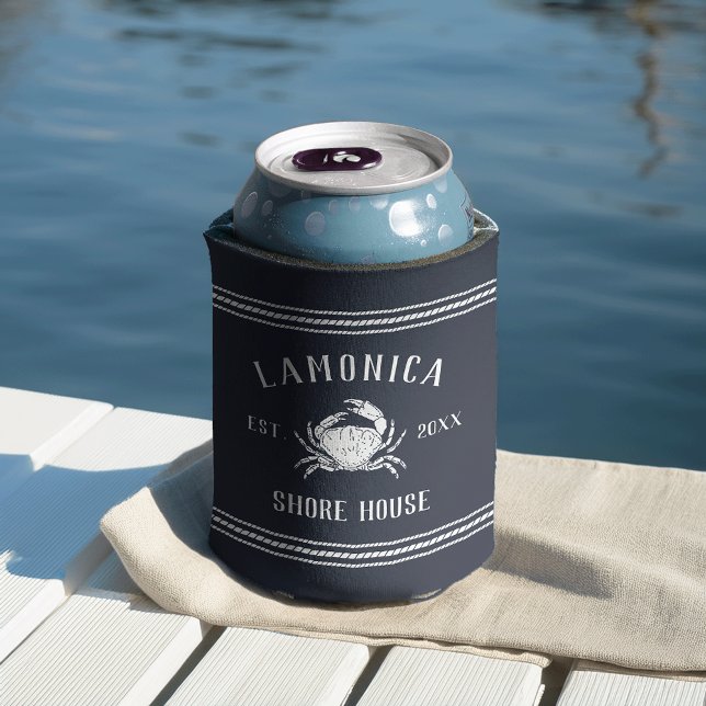 Navy Rustic Crab Personalised Shore House Can Cooler (Creator Uploaded)