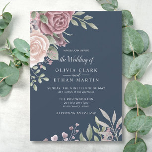 Navy Rustic Dusty Rose Watercolor Boho Flowers In Invitation