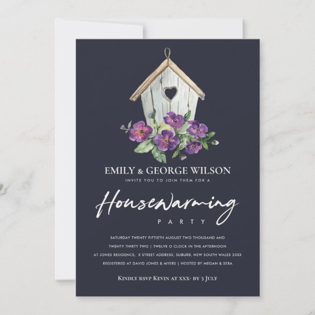 NAVY RUSTIC FLORAL BIRD HOUSE HOUSEWARMING PARTY INVITATION (Front)