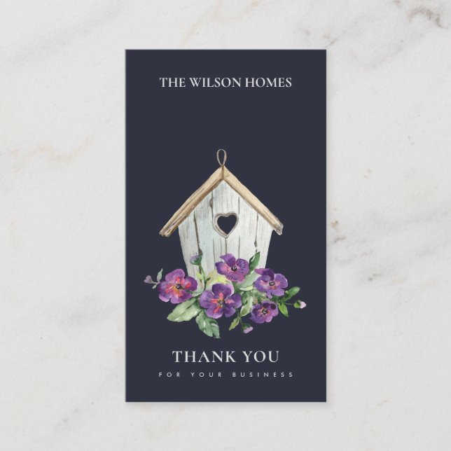 NAVY RUSTIC FLORAL BIRD HOUSE THANK YOU REALTOR BUSINESS CARD (Front)