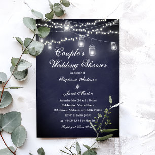 Navy Rustic String Lights Couples Wedding Shower Invitation
