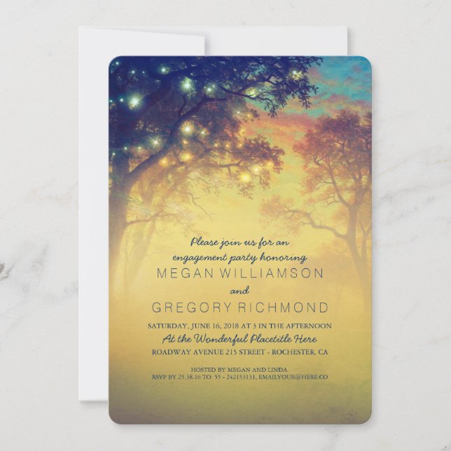 Navy Rustic String Lights Tree Engagement Party Invitation (Front)