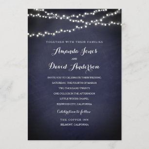 Navy Rustic String Lights Wedding Invitation