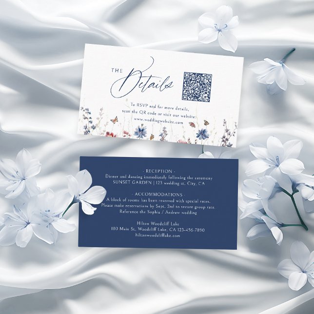 Navy Rustic Wildflower QR Code Mini Details Place Card (Navy Rustic Wildflower QR Code Mini Details Place Card)