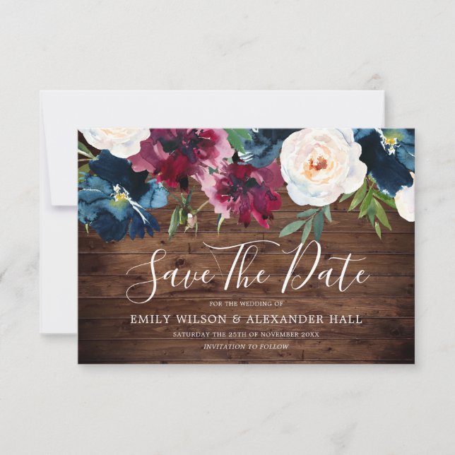 Navy Rustic Wood Red Wine Burgundy Flowers Wedding Save The Date (Front)