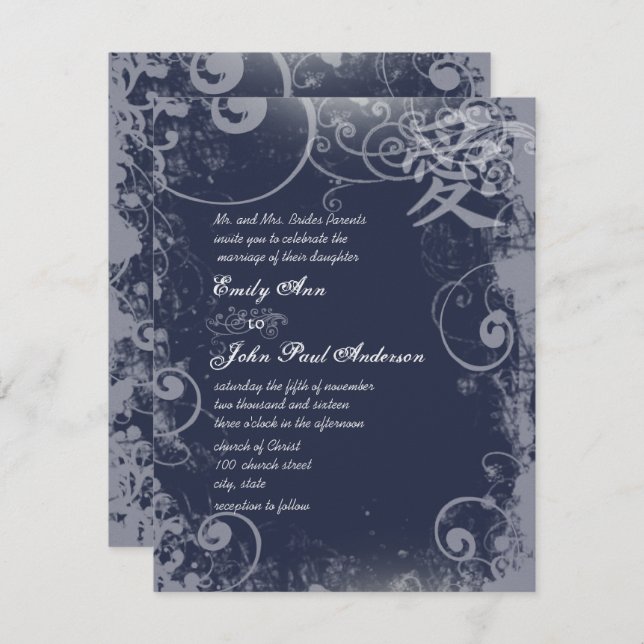 Navy Sacre Bleu Metallic Silver Kanji Love Swirl Invitation (Front/Back)