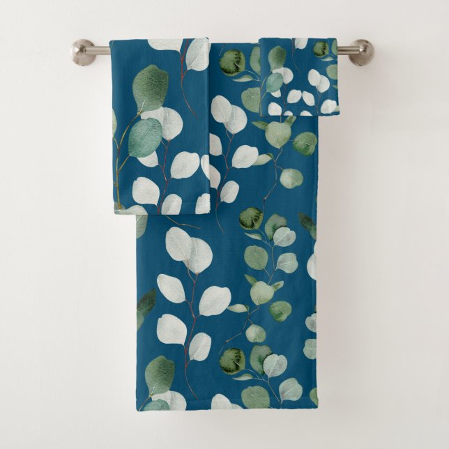 NAVY SAGE GREEN BOTANICAL BATHROOM TOWEL SET (Insitu)