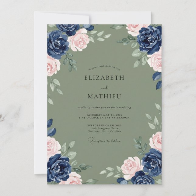 Navy Sage Vine Wedding Invitation (Front)