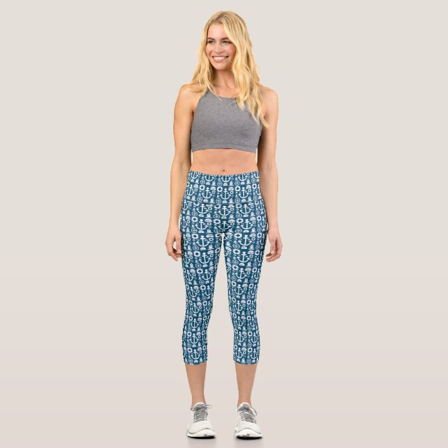 Navy sailor Element sea pattern Capri Leggings (Front)