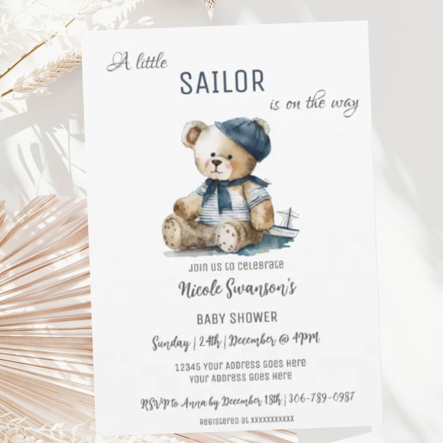Navy Sailor Nautical Bear Baby Shower Invitation (Creator Uploaded)