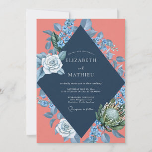 Navy Salmon Hydrangea Eucalyptus Wedding Invitation