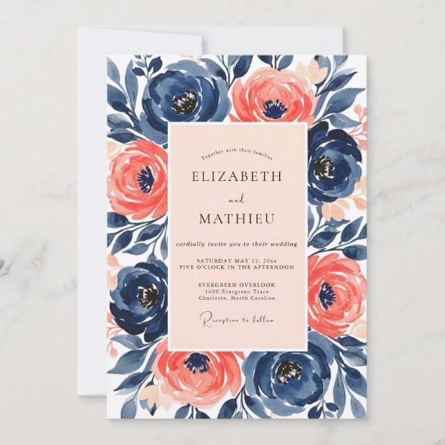 Navy Salmon Painterly Spring Wedding Invitation (Front)