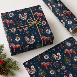 Navy Scandinavian Folk Christmas Dala Horse Birds Wrapping Paper