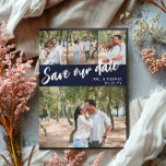 Navy Script 4 Photos Wedding Save Our Date Announcement Postcard<br><div class="desc">Wedding save the date postcard you can personalise with four of your own photos,  three smaller and one larger. Save our date is written diagonally across the postcard in a white script against a navy blue background. Add your names and wedding date in a clean font.</div>