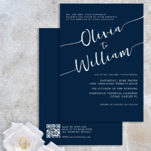 Navy Script QR Code Wedding Invitation