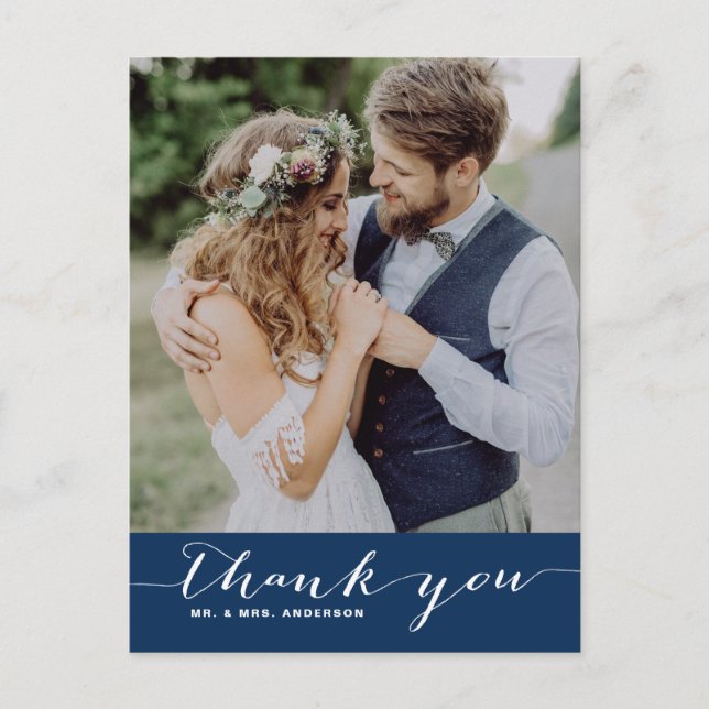 Navy | Script Wedding Thank You Vertical Postcard (Front)