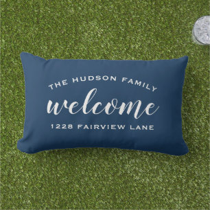 Navy Script Welcome Monogram Porch Lumbar Cushion