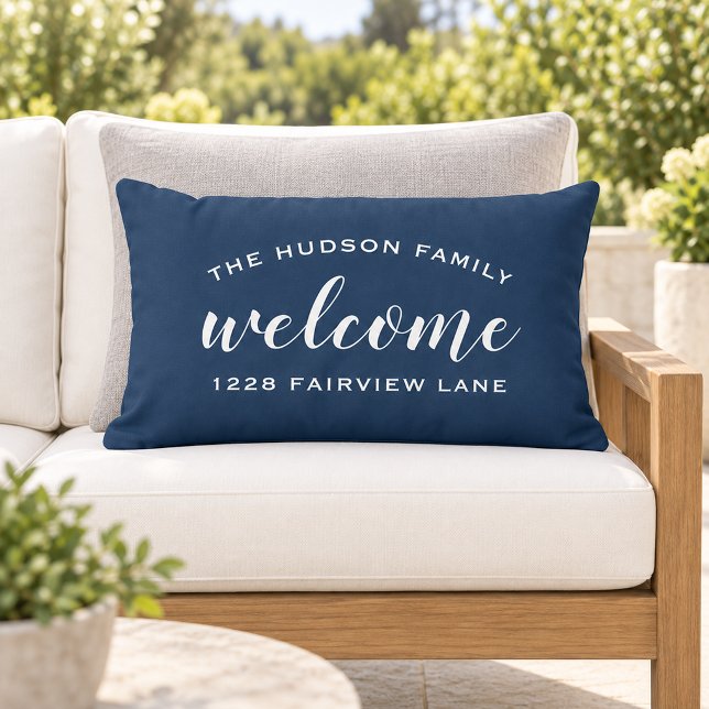 Navy Script Welcome Monogram Porch Lumbar Cushion (Creator Uploaded)