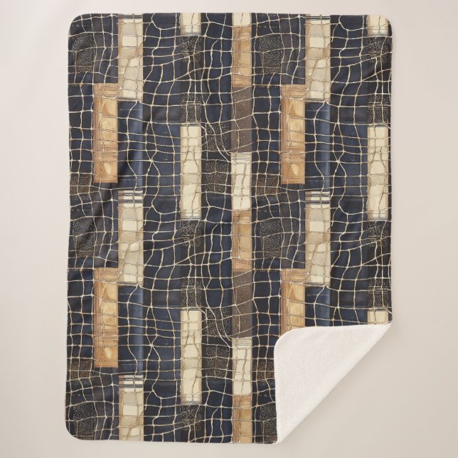 Navy Sea Blue Cream Brown Rectangles Sherpa Blanket (Front)