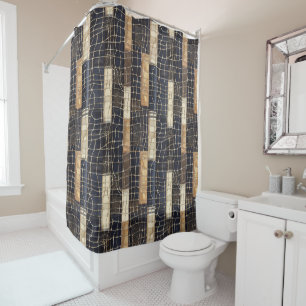 Navy Sea Blue Cream Brown Rectangles Shower Curtain