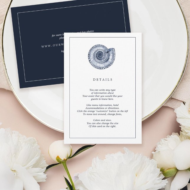 Navy Sea Shell Beach Wedding Information Card (Creator Uploaded)