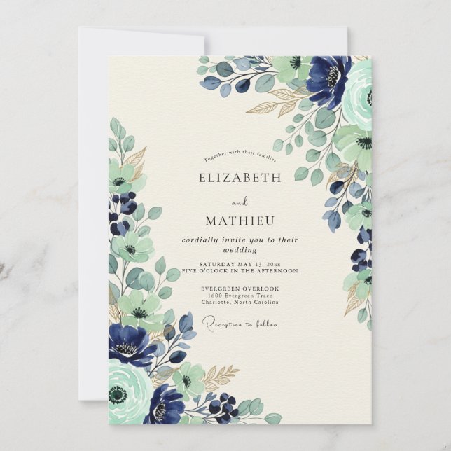 Navy Seafoam Luminous Botanical Wedding Invitation (Front)