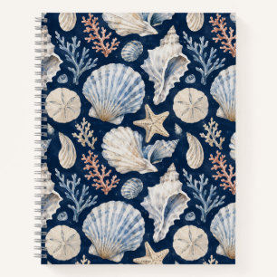 Navy Seashell Watercolor Nautical Pattern Notebook