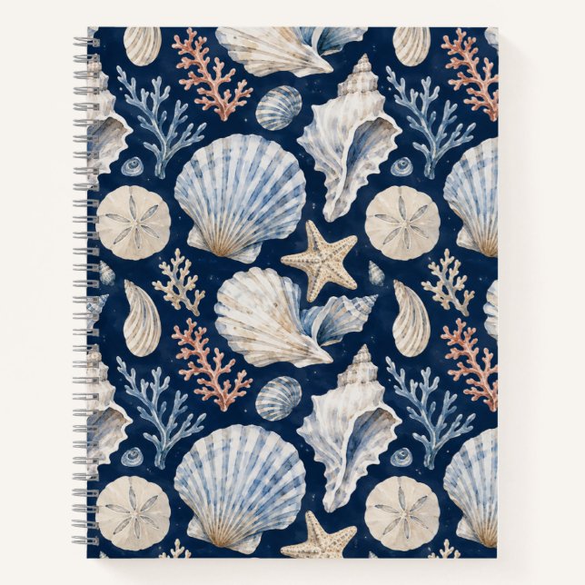 Navy Seashell Watercolor Nautical Pattern Notebook (Front)