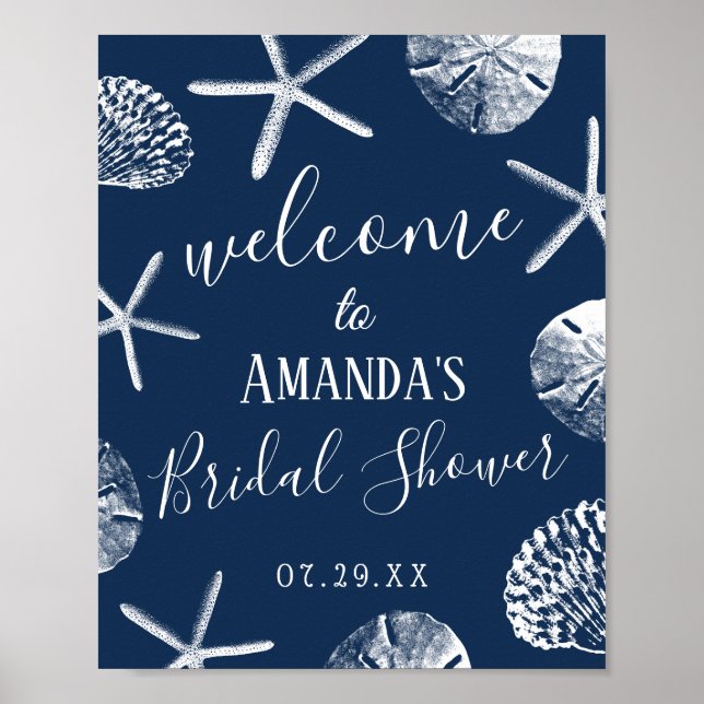 Navy Seashells Beach Wedding Bridal Shower Welcome Poster (Front)