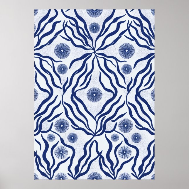 Navy Seaweed Sea Urchin Coastal Pattern Poster (Front)