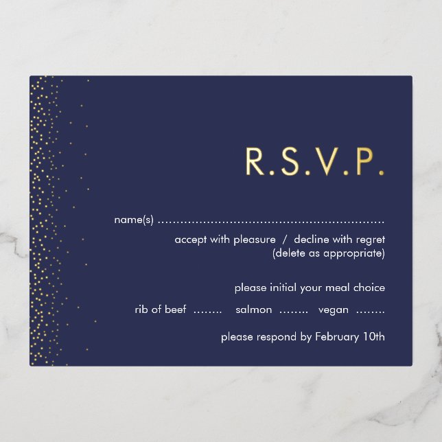 Navy shimmer foil wedding RSVP postcard (Front)