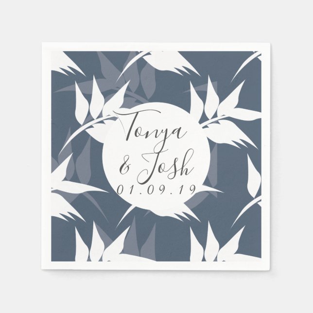 Navy Silohuette Tropical Leaf Pattern Napkin (Front)