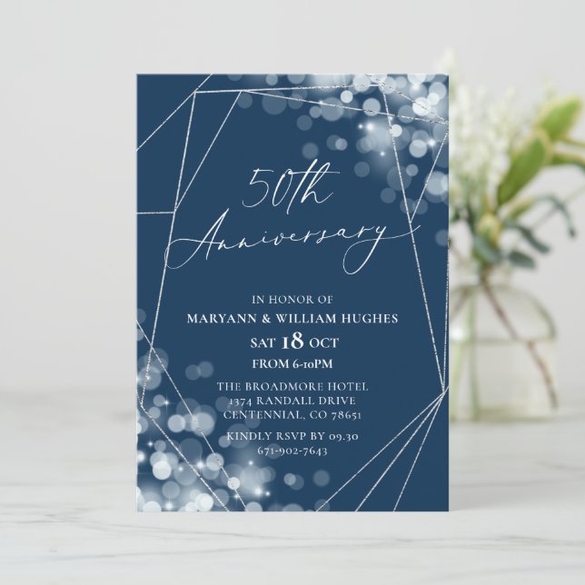 Navy & Silver 50th Wedding Anniversary  Invitation (Standing Front)